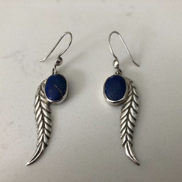 Vintage Genuine Lapis and Silver 325 Stamped Earrings w Feather Design Size OS - Picture 3 of 4